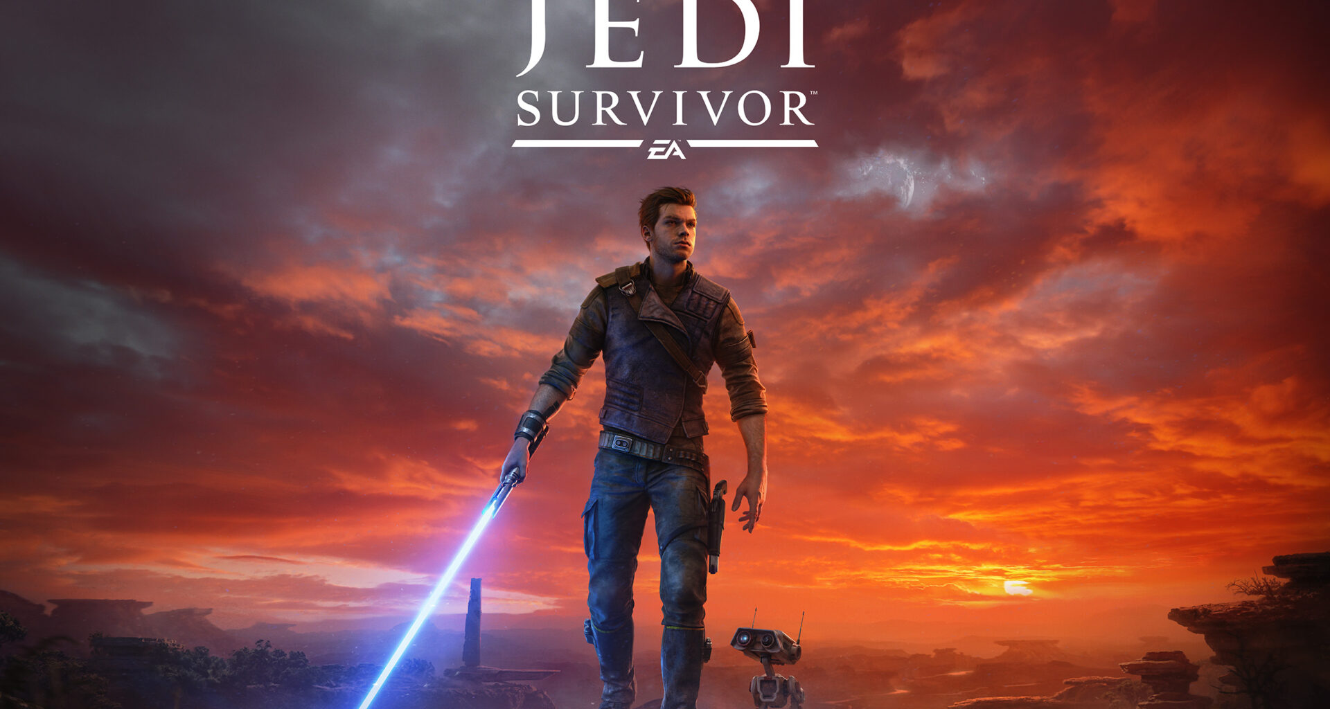 Ein Promo-Bild zu Star Wars Jedi Survivor, Protagonist steht mit aktiviertem Lichtschwert auf einer Klippe, neben ihm steht sein Droide BD-1.