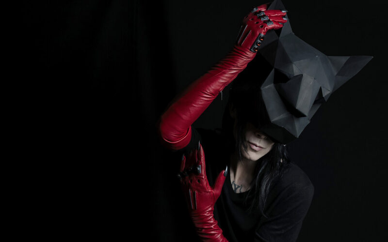 Foto von Chris Corner alias IAMX. Er trägt lange, rote Lederhandschuhe und lüftet sich eine an Katzen erinnernde schwarze Maske vom Kopf. Chris Corner ist zum größten Teil von Schatten bedeckt und daher kaum erkennbar.